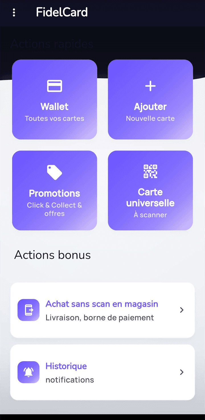 Écran d’accueil de l’application FidelCard côté client : accès au wallet de cartes, ajout d’une nouvelle carte, promotions et carte universelle à scanner.