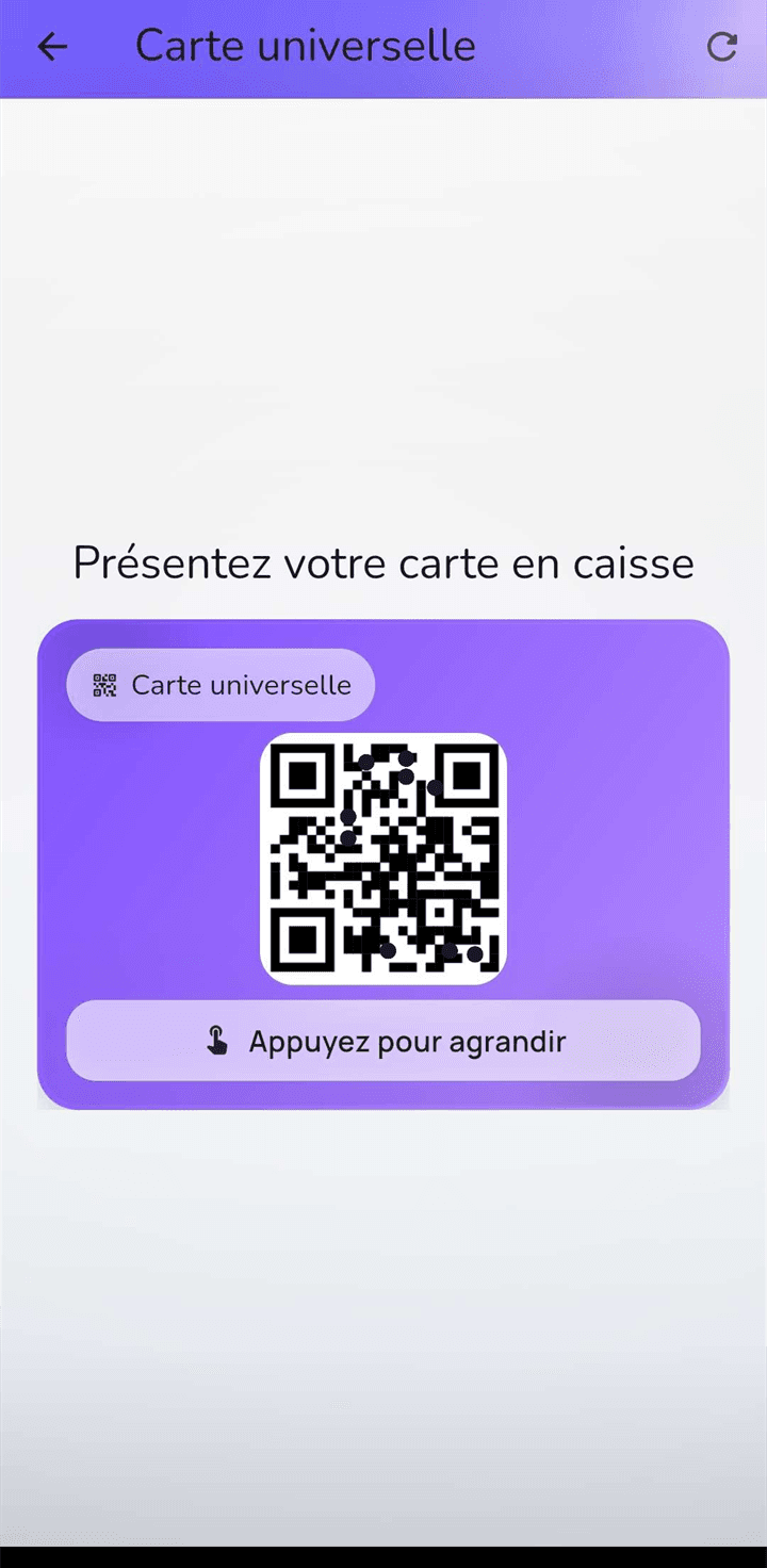 Écran « Carte universelle » de l’application FidelCard : le QR code personnel du client, à présenter en caisse.
