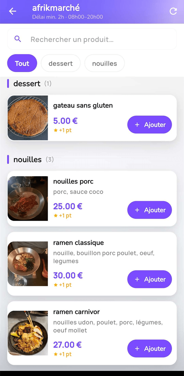 Catalogue de produits d’un commerce dans l’application FidelCard, avec les prix, les points gagnés et le bouton pour ajouter au panier.