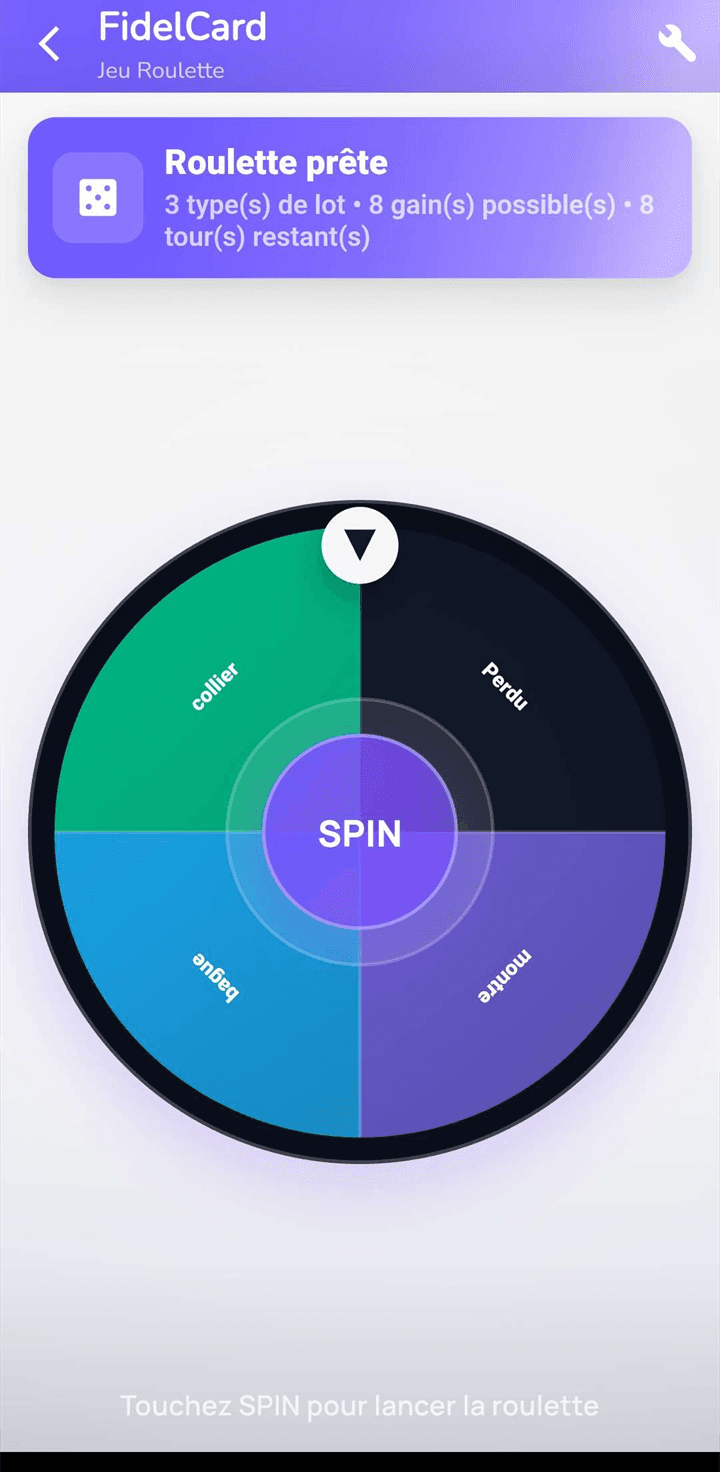 Jeu de la roulette dans l’application FidelCard, avec les lots configurés par le commerçant et le bouton pour lancer le tirage.